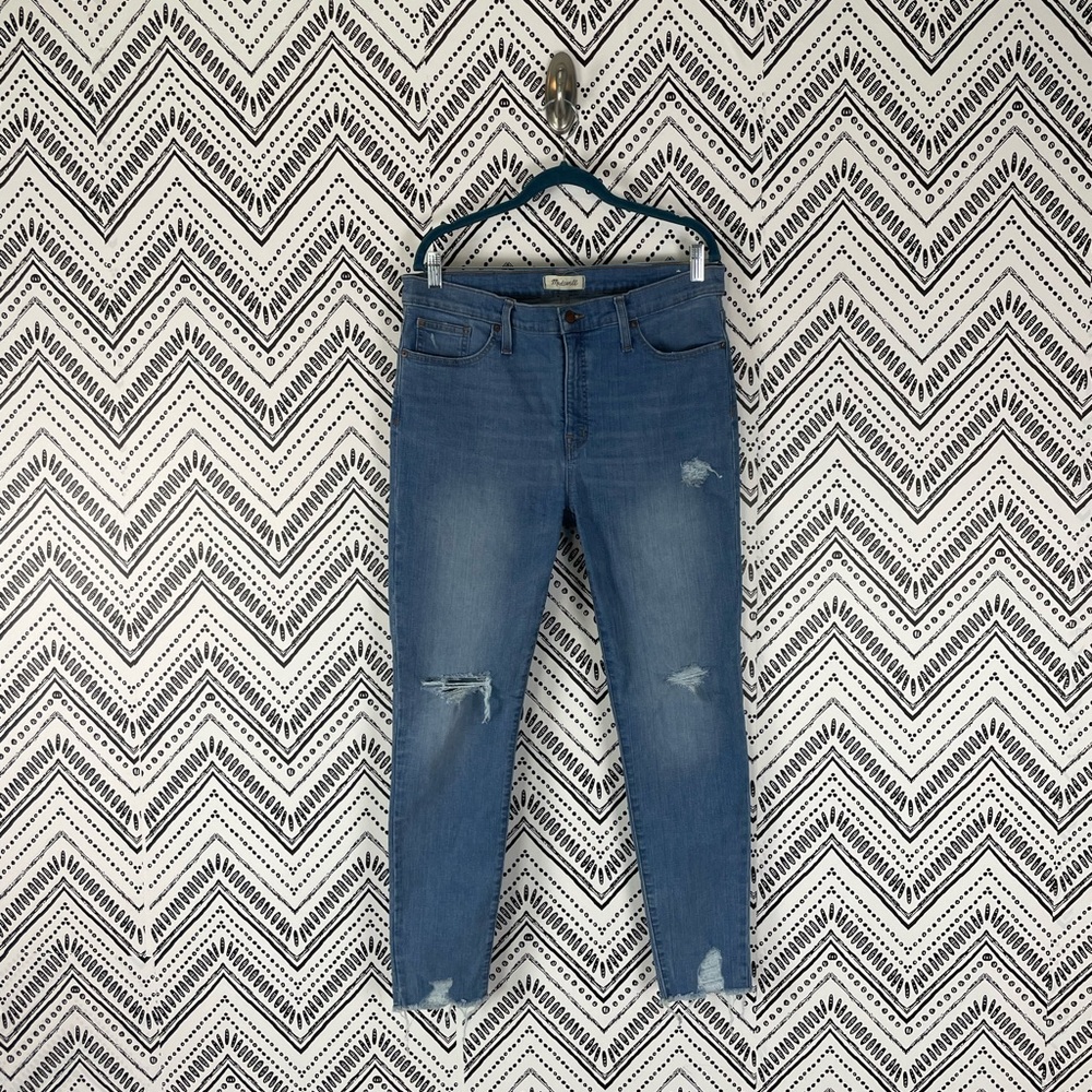 Women Madewell Medium Wash Raw Hem Distressed 9" High Rise Skinny Jeans Sz 32